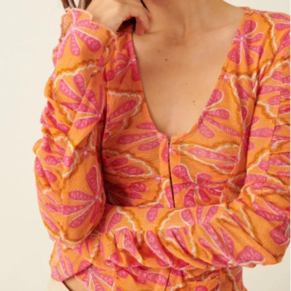 NWT Free People Through the Meadow Mesh Top Grapefruit Seltzer Size Large